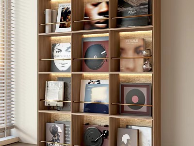 Wooden Bookshelf with Books Vinyl Records and Decorative Prints on Stylish Shelves 3d model