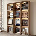 Wooden Bookshelf with Books Vinyl Records and Decorative Prints on Stylish Shelves