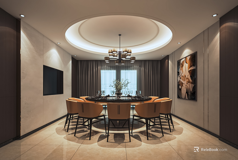 Modern Elegant Private Dining Room With Round Table Orange Chairs Chandelier And Circular Ceiling 3d model 