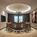 Modern Elegant Private Dining Room With Round Table Orange Chairs Chandelier And Circular Ceiling