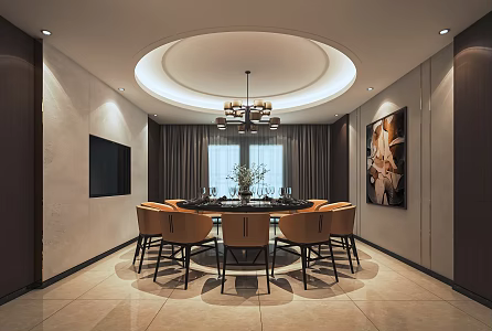 Modern Room Restaurant Box Catering Room Hotel Catering Room Round Dining Table Background Wall Art Chandelier 3d model