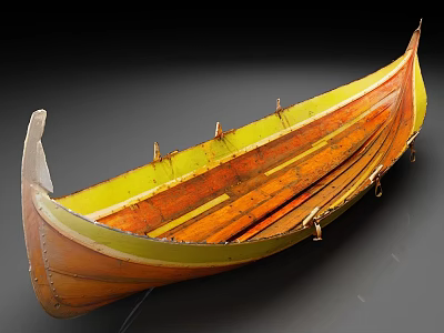 Traditional Handcrafted Wooden Boat With Orange Yellow Hull Green Accent And Decorative Rivets 3d model