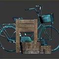 Garden Decorative Setup With Wooden Stand Blue Bicycle Wicker Baskets And Watering Can