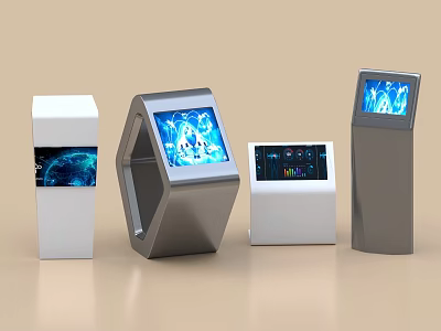 Multiple Smart Machines With Different Shapes And Display Screens Showing Data Visualizations 3d model