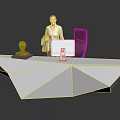 Modern White Geometric Reception Desk With Woman Computer Monitor And Decorative Sculpture