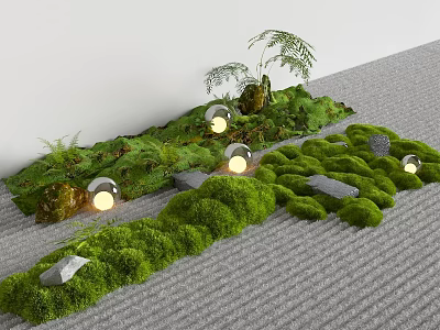 Lush Green Moss Plant Arrangement With Stones Glowing Spherical Lights And Ferns 3d model