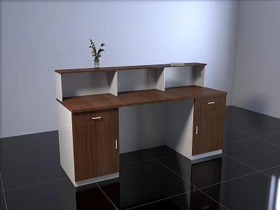 Modern Reception Desk With Wooden Top White Cabinet And Small Plant 3d model