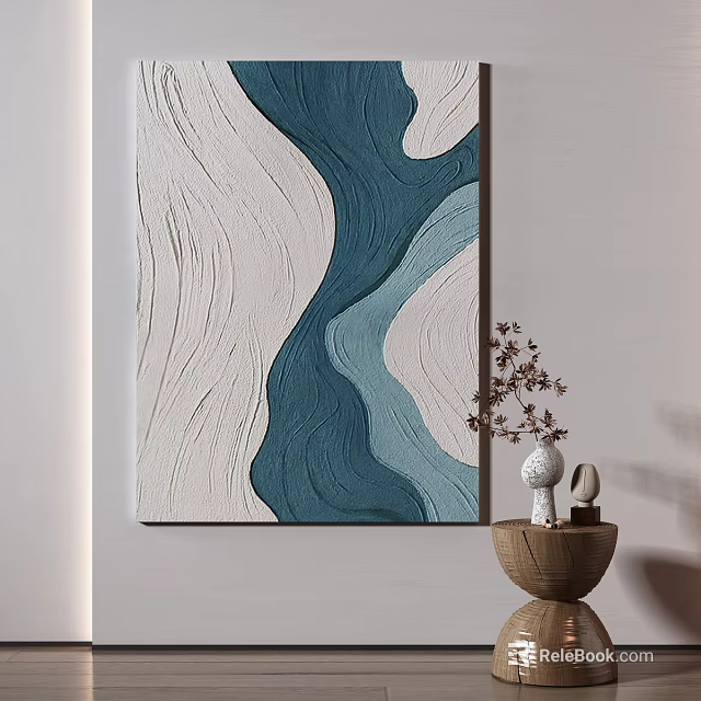 Modern Abstract Wall Art With Blue White Wavy Patterns And Decorative Vase 3d model