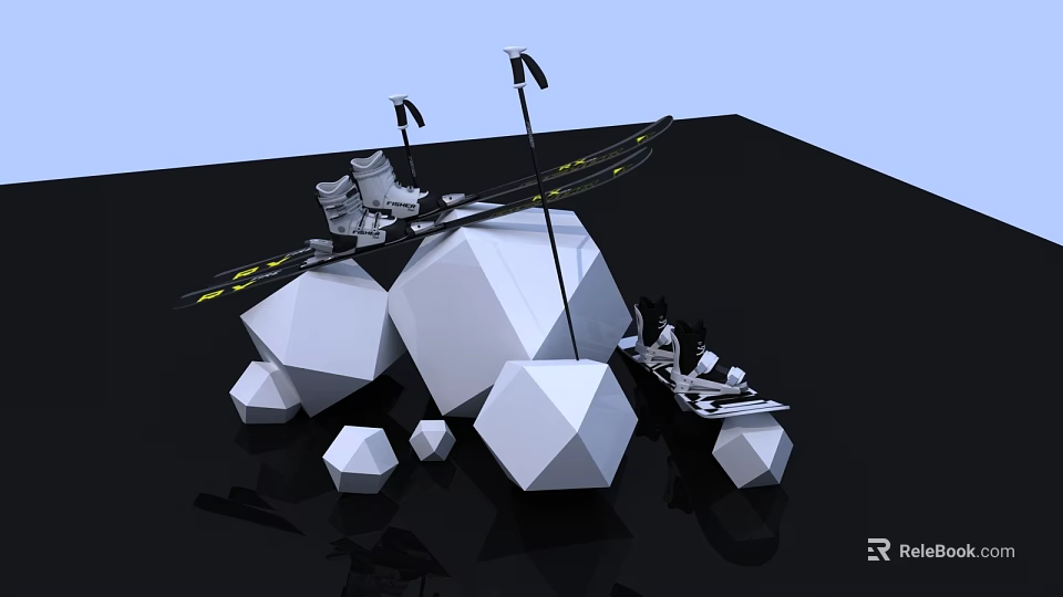 Outdoor Sports Equipment Setup With Yellow Striped Poles Stands And Polyhedral Stones 3d model 