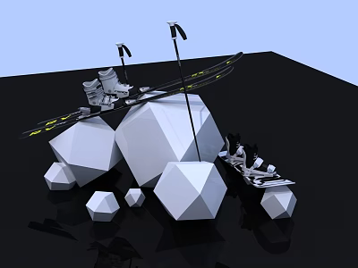 Outdoor Sports Equipment Setup With Yellow Striped Poles Stands And Polyhedral Stones 3d model