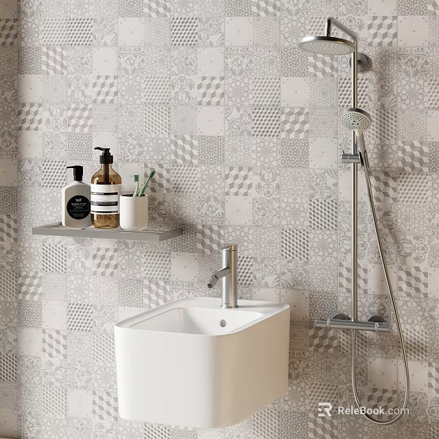 White Freestanding Washbasin in Bathroom with Geometric Patterned Tiles Shelf Toiletries and Shower Fixture 3d model 