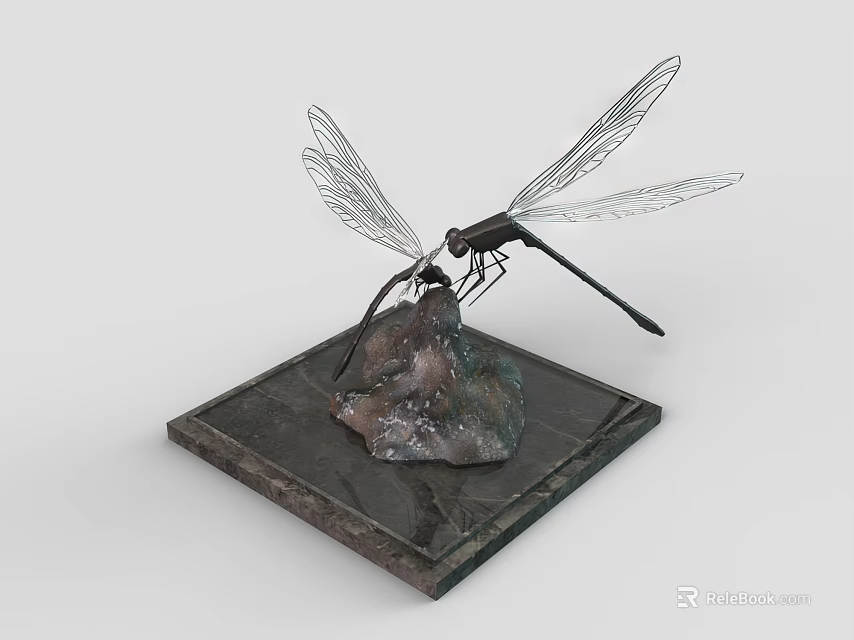 Artistic Garden Ornament With Dragonfly Sculpture On Square Stone Base 3d model 