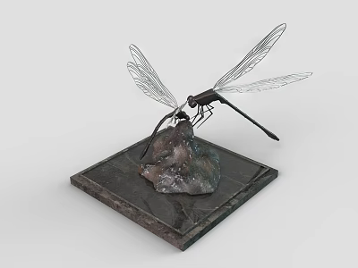 Artistic Garden Ornament With Dragonfly Sculpture On Square Stone Base 3d model