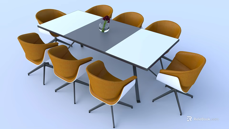 Modern Office Conference Table with White and Dark Tabletop and Eight Orange Chairs 3d model 