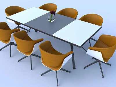 Modern Office Conference Table with White and Dark Tabletop and Eight Orange Chairs 3d model