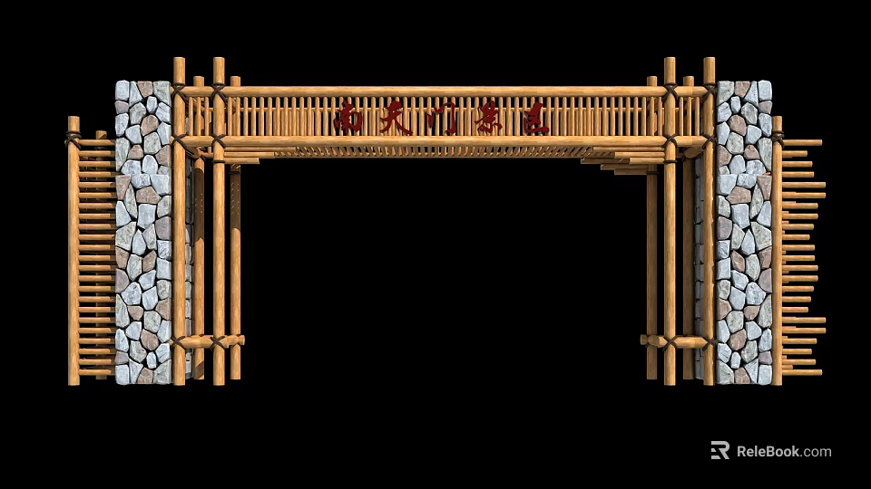 Traditional Entrance Gate With Bamboo Frame And Stone Side Walls Design 3d model 