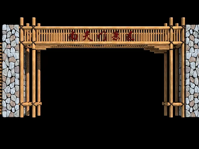 Traditional Entrance Gate With Bamboo Frame And Stone Side Walls Design 3d model
