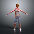 Game Movie Character With Red Hair Sleeveless Top Blue Overalls Brown Straps And Metal Boots