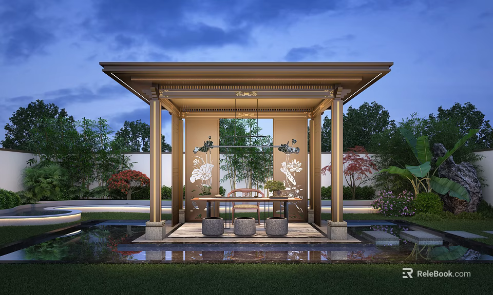Serene Courtyard Garden Featuring Traditional Pavilion Carved Screens Water Pond And Lush Greenery 3d model 