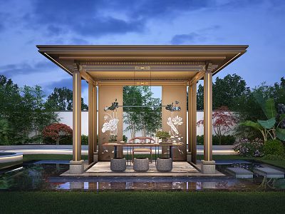 Serene Courtyard Garden Featuring Traditional Pavilion Carved Screens Water Pond And Lush Greenery 3d model