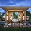 Serene Courtyard Garden Featuring Traditional Pavilion Carved Screens Water Pond And Lush Greenery