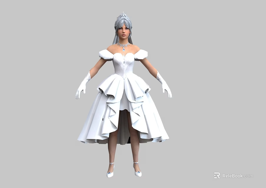 Elegant Woman in White Dress with Tiara Necklace Long Gloves and High Heels 3d model 