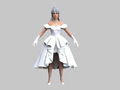 Elegant Woman in White Dress with Tiara Necklace Long Gloves and High Heels 3d model