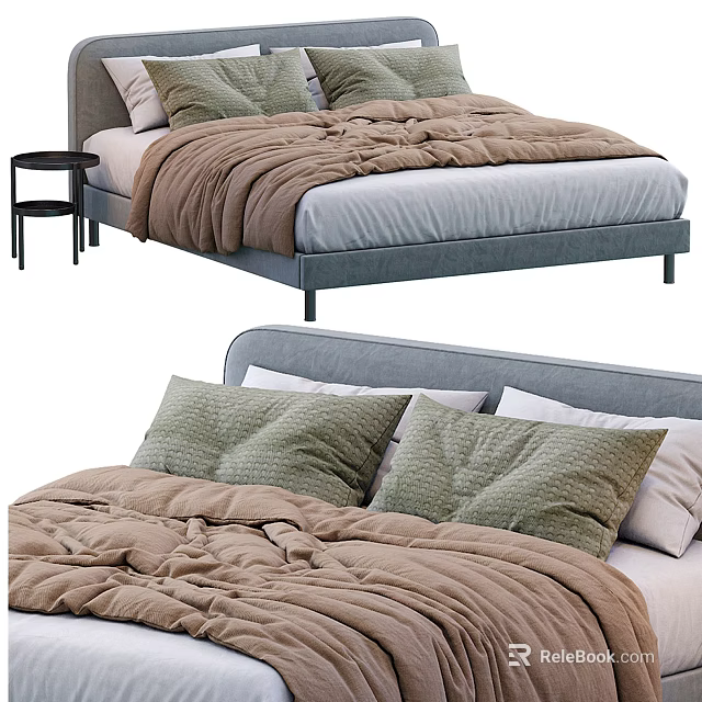 Comfortable Double Bed With Brown Blanket Green White Pillows And Nightstand 3d model 
