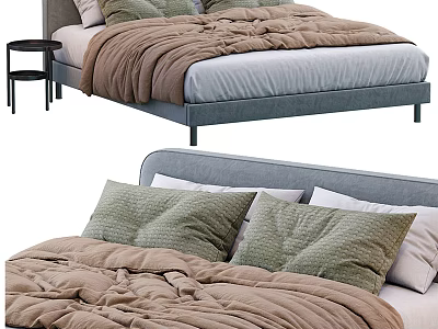 Comfortable Double Bed With Brown Blanket Green White Pillows And Nightstand 3d model