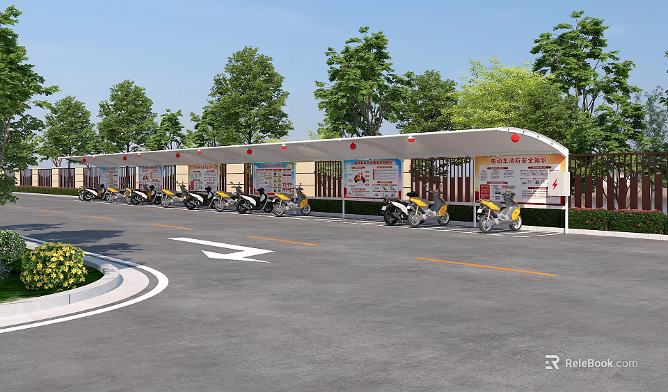 Outdoor Motorcycle Parking Canopy With White Roof And Parked Motorcycles Near Trees 3d model 