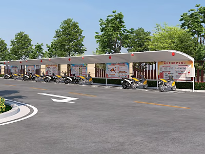 Outdoor Motorcycle Parking Canopy With White Roof And Parked Motorcycles Near Trees 3d model