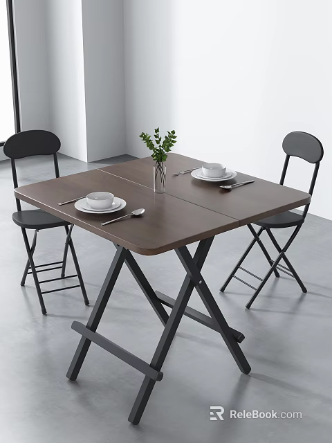 Modern Folding Dining Table Set with Wooden Top and Black Chairs 3d model 