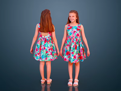 Two Girls Posing Back and Front Wearing Floral Dresses Against Dark Blue Background 3d model