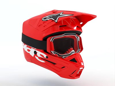 Red Motorcycle Helmet With Black Strap White Logo And Protective Goggles 3d model
