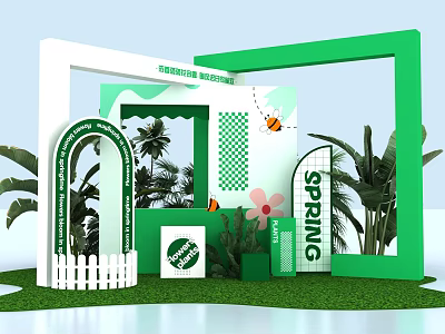 Spring Themed Display Scene With Green Frames Plants Bee And Checkerboard Decorations 3d model