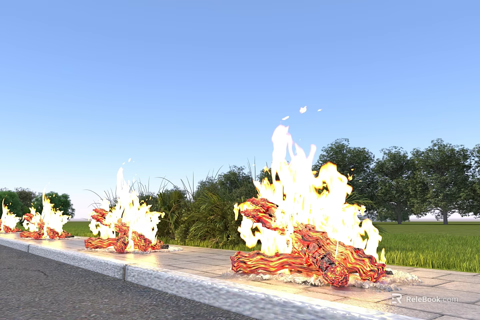 Rural Landscape With Row of Burning Flames Along Path Green Trees And Grassland 3d model 
