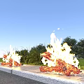 Rural Landscape With Row of Burning Flames Along Path Green Trees And Grassland