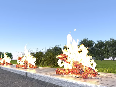 Rural Landscape With Row of Burning Flames Along Path Green Trees And Grassland 3d model