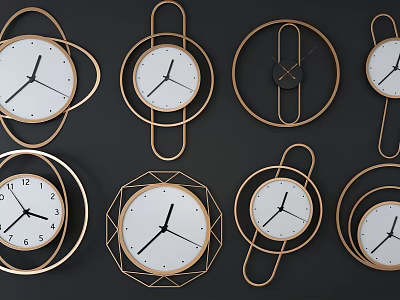 Stylish Modern Clocks With Golden Frames Various Geometric Shapes White Dials Black Hands On Dark Background 3d model