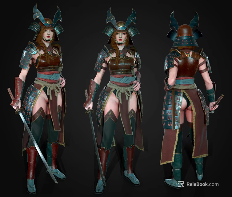 Female Oriental Warrior Game Film Character With Detailed Armor Sword And 3D Design 3d model