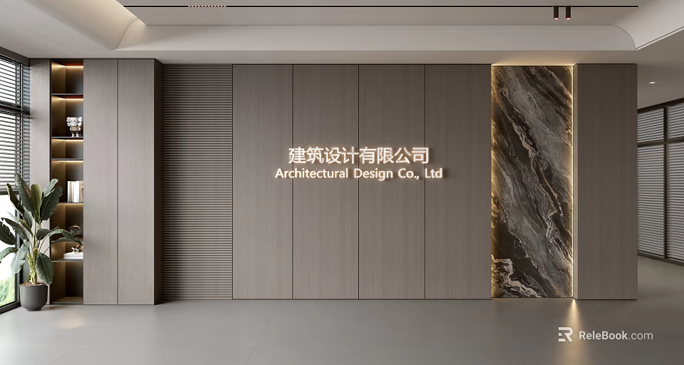 Modern Feature Wall With Wooden Panels And Marble Accent In Architectural Design Office Interior 3d model 