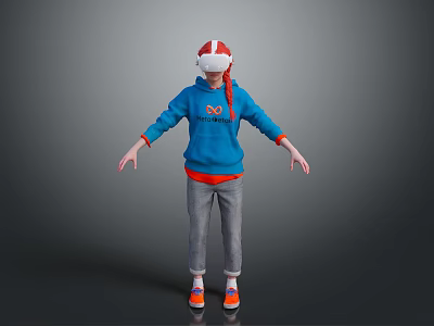 Woman With Red White VR Headset Blue Hoodie Orange Sneakers Arms Outstretched On Gray Background 3d model