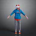 Woman With Red White VR Headset Blue Hoodie Orange Sneakers Arms Outstretched On Gray Background
