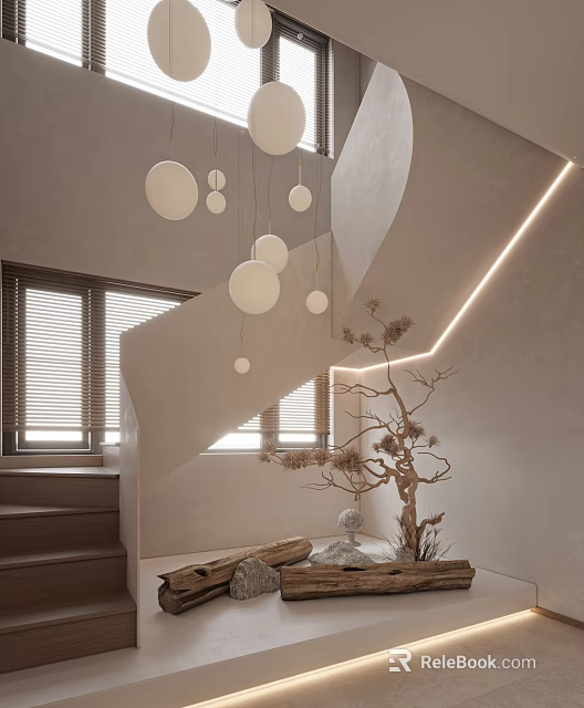 Elegant Modern Staircase With Round Pendant Lights Venetian Blinds And Dried Tree Decor 3d model 