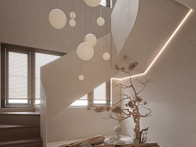 Elegant Modern Staircase With Round Pendant Lights Venetian Blinds And Dried Tree Decor 3d model