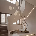 Elegant Modern Staircase With Round Pendant Lights Venetian Blinds And Dried Tree Decor