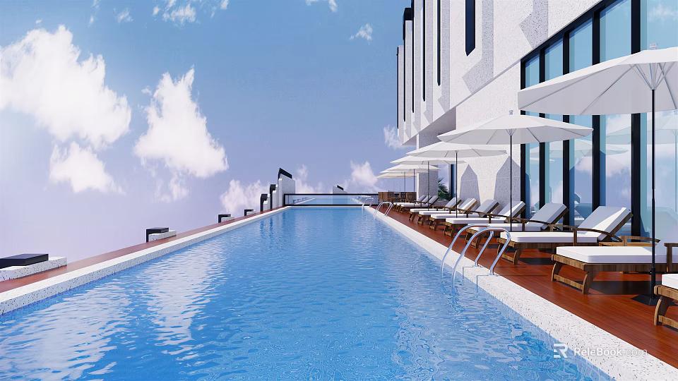 Modern Rooftop Swimming Pool With Lounge Chairs White Umbrellas And Blue Sky 3d model 