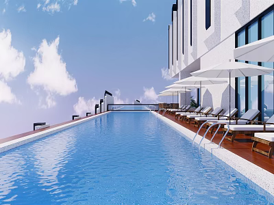 Modern Rooftop Swimming Pool With Lounge Chairs White Umbrellas And Blue Sky 3d model