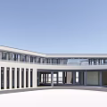 Modern Commercial Street Building With White Grey Facade Large Glass Windows And Sunshade Structure