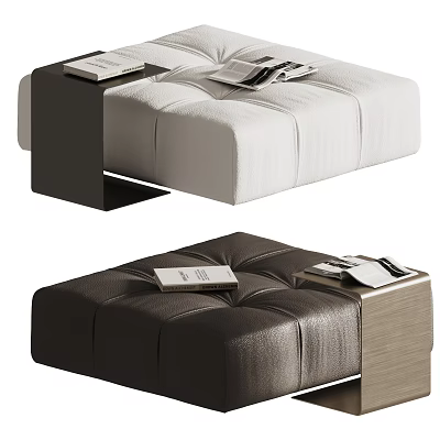 White Fabric And Dark Brown Leather Ottomans With Side Tables And Magazines 3d model